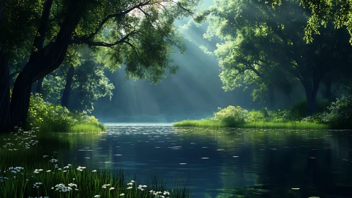 Sunlit Forest Lake with Lush Greenery in Photorealistic Style.