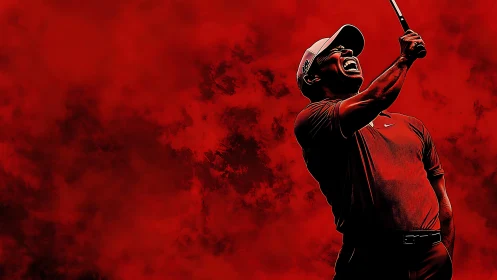 Dynamic golfing figure on red textured digital painting backdrop.