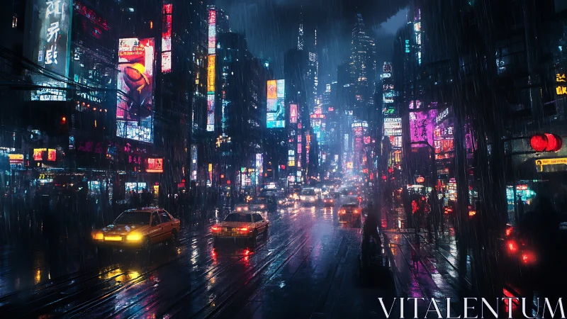 Rainy neon city street glowing with late night life and color.
