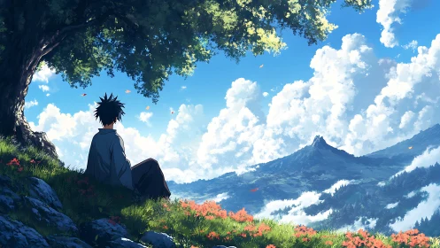 Solitary anime figure under oak overlooking distant mountain