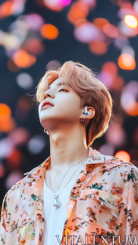 Young performer in floral shirt under blurred stage lights.