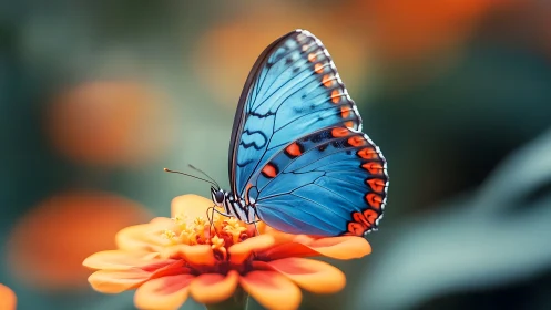 Vibrant blue butterfly rests gently on glowing orange blossom