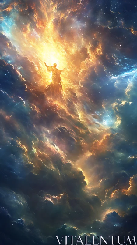 Celestial figure emerging through radiant cosmic storm clouds.