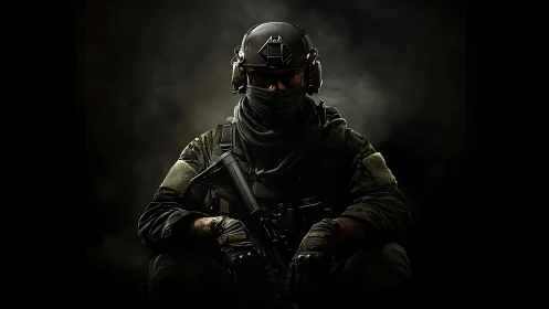 Silent tactical guardian resting in a haze of shadowed light.