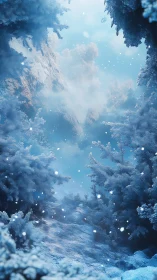 Snow covered forest path leads into bright frozen valley