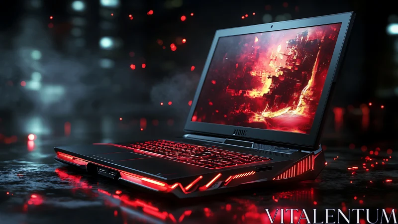 Gaming laptop glows with red LED lighting on dark surface