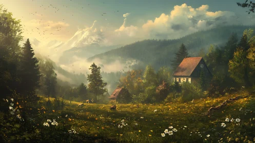 Sunlit mountain meadow with cottage and grazing deer.