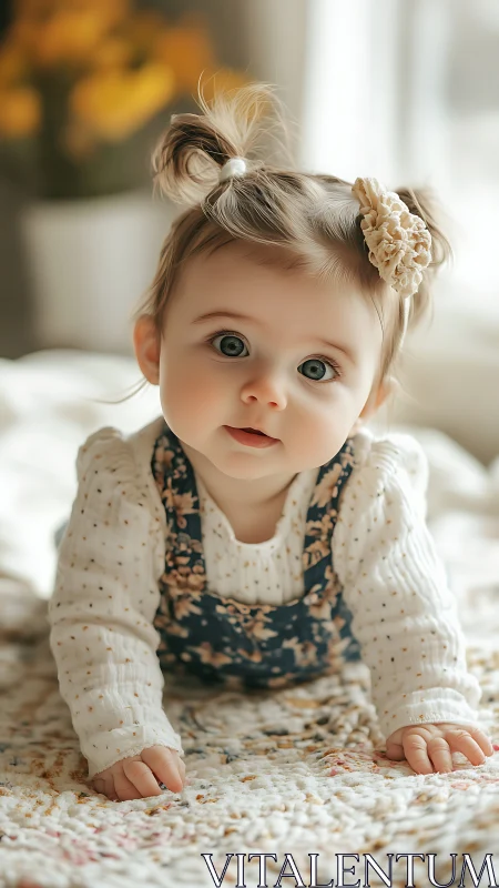 Blonde toddler with bow adorned hair poses on texture.