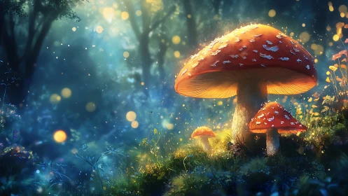 Firefly-lit toadstool kingdom glowing in midnight forest.