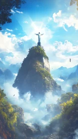 Statue-topped mountain rises above mist-filled valley landscape