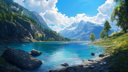 Mountain lake glows under crisp midday alpine light.