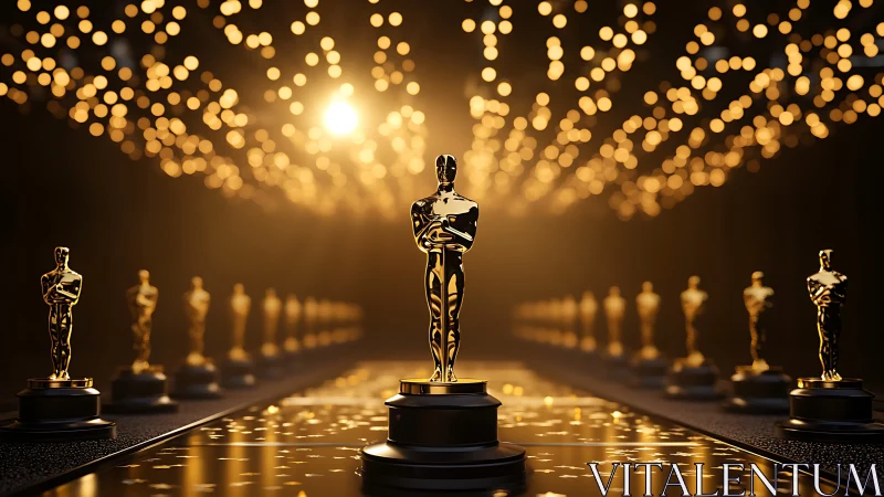 Golden film award trophies under cinematic bokeh lights.