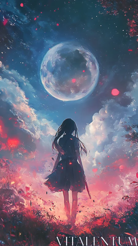 Girl standing under large moon in vivid night sky.