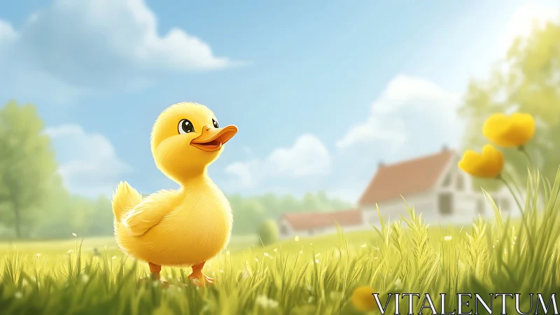 Sunny duckling explores a bright meadow near countryside cottages.