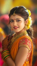 Bridal portrait in saturated bokeh with ornate textile detailing.