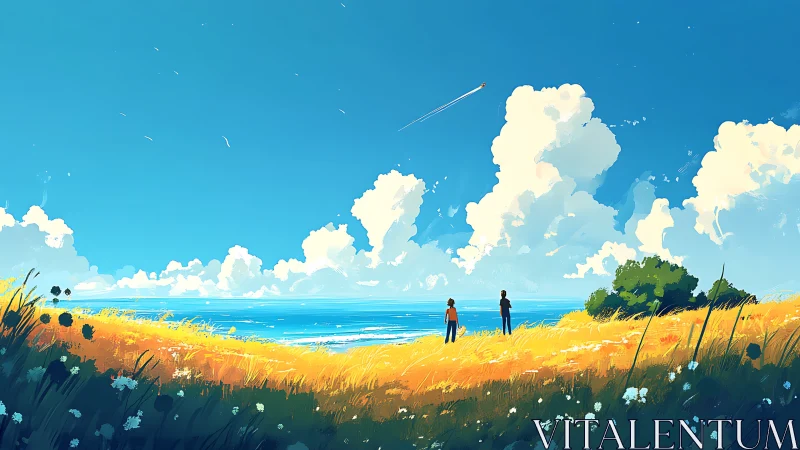 Summer shoreline vista with figures under vivid cloudscape.