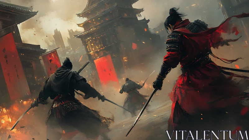 Blades clash beneath burning banners in a storm of embers.