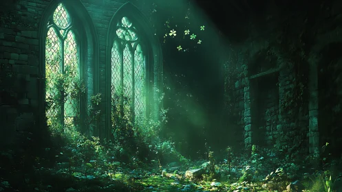 Volumetric light reveals overgrown gothic ruins with dense flora