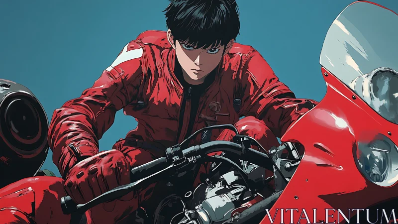 Motorcyclist in red suit riding sport bike against blue sky.