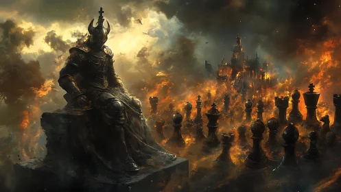 Dark chess king watching a fiery battlefield in silence.