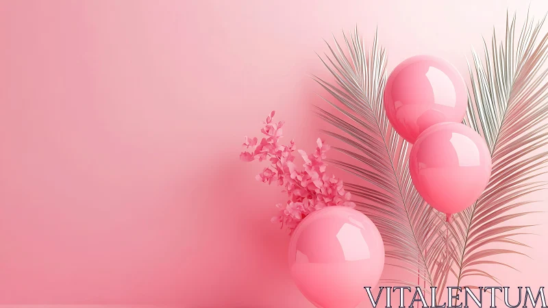 Pink balloons and palm leaves float in a dreamy pastel space