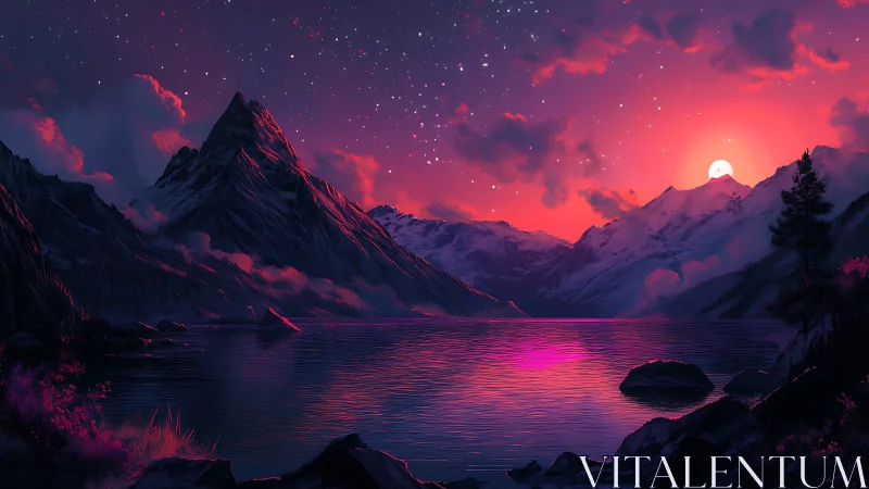 Vivid magenta sunset over snowy mountains and lake.