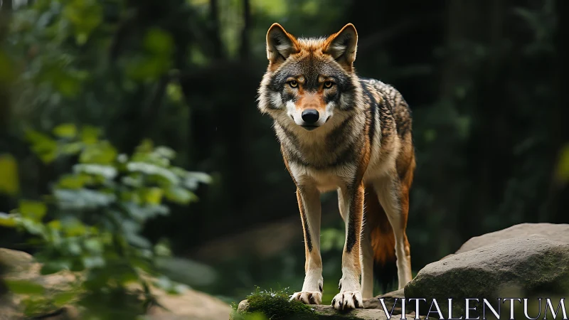 Solitary gray wolf standing on rocks in forest habitat.