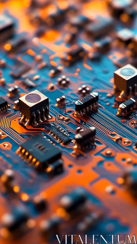 Glowing circuit pathways in a warm electric cityscape.