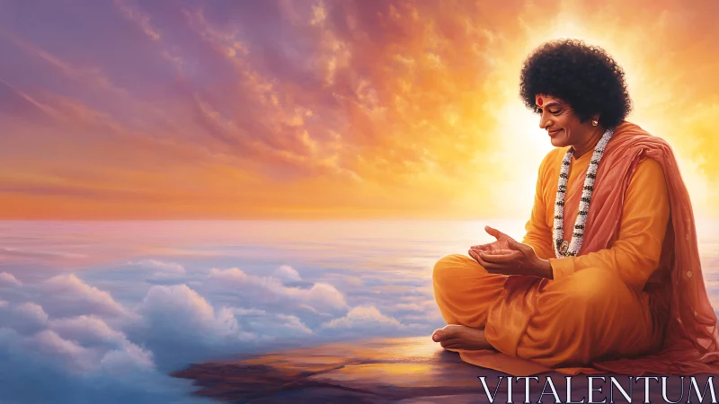 Mystic guru meditates above glowing cloud horizon