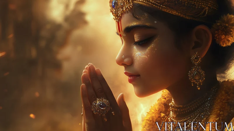 Side profile shows adorned child figure with hands joined