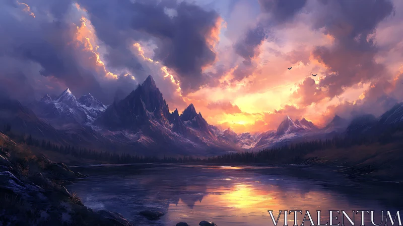 Sunlit peaks over still lake in a dreamy mountain valley.