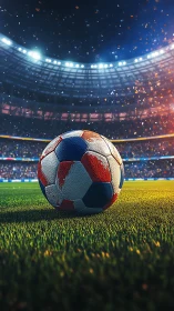 Soccer ball on lit stadium pitch under night sky.
