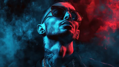 Neon-lit rebel in split red and blue cinematic haze.