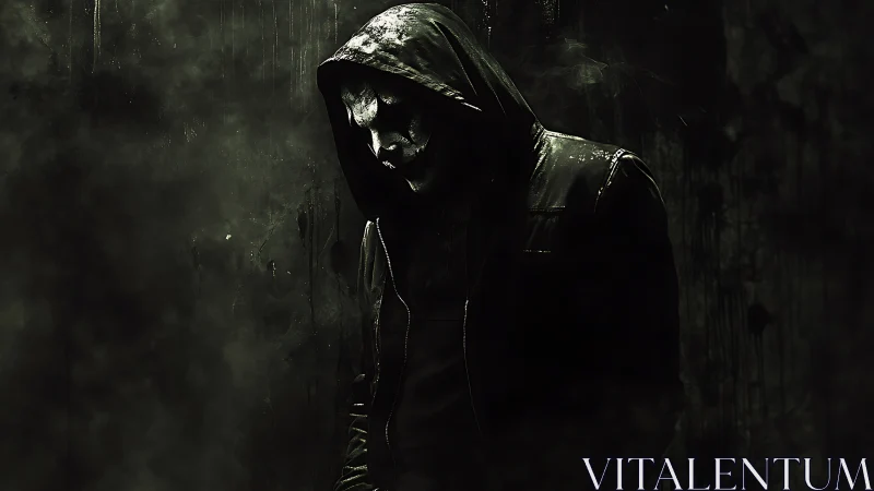 Hooded masked figure stands in low key directional lighting