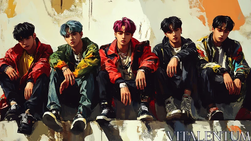 Urban digital painting of five seated young men in jackets.