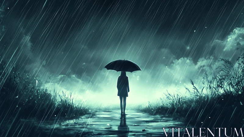 Silhouetted figure under umbrella faces luminous storm.