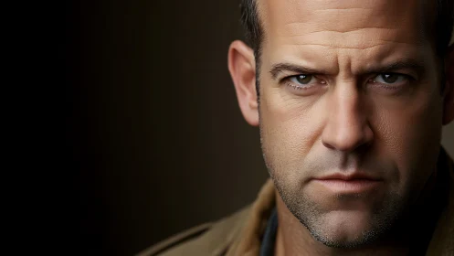 Hyperfocused male portrait under controlled low-key lighting.