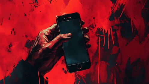 Hand holding smartphone against abstract red painted background