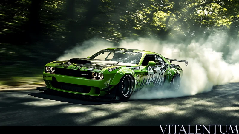 Green drift car tears through forest road in dense smoke.