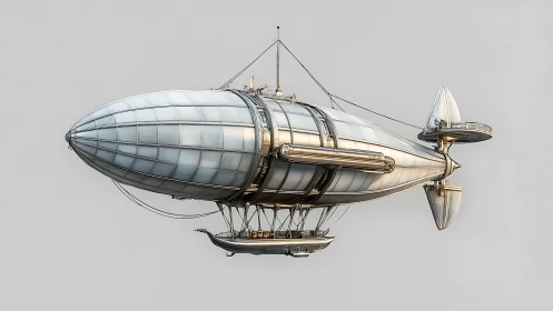 Sleek steampunk airship glides through pale, silent skies.
