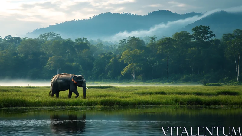 Solitary elephant crosses misty riverside grassland at dawn