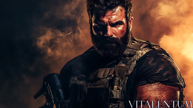 Battle-hardened warrior stands strong amid swirling firelight