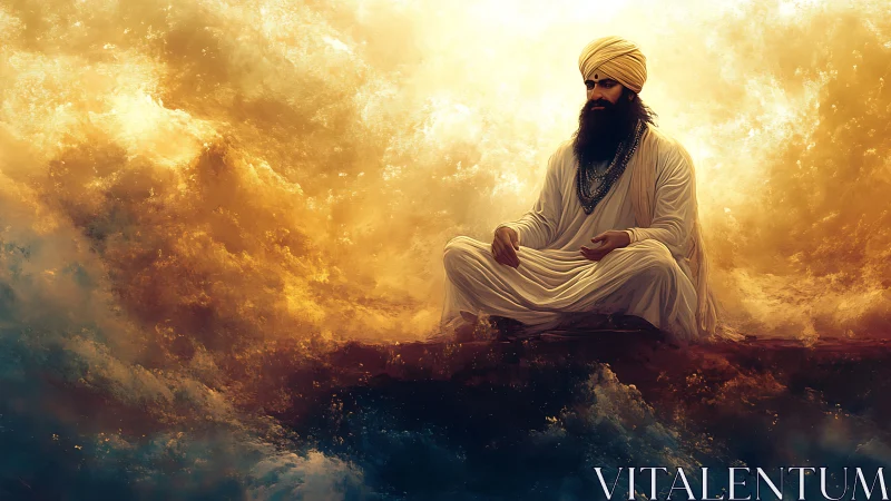 Serene robed figure rests in golden swirling clouds of light