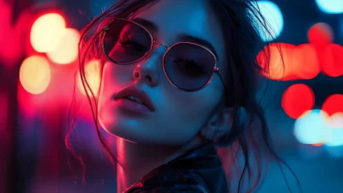 Neon-lit portrait with sunglasses and cinematic blue glow.