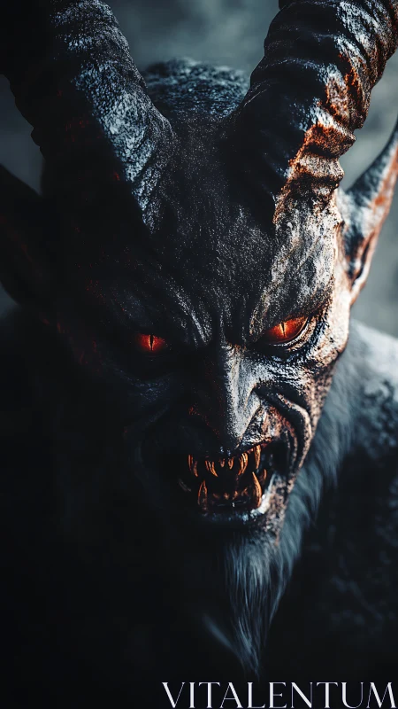 Hellforged horned demon snarls through embers and shadow.