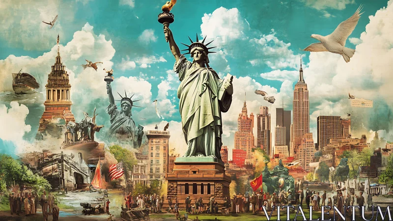 Statue of Liberty towers over vibrant, dreamlike New York skyline