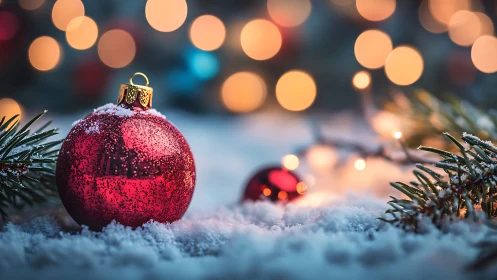Macro optical study of red ornament in snowy bokeh field.