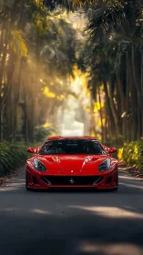 Red sports car parked on shaded tropical forest road.