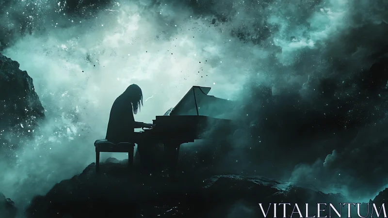 Solitary pianist performs within a storm of cosmic mist