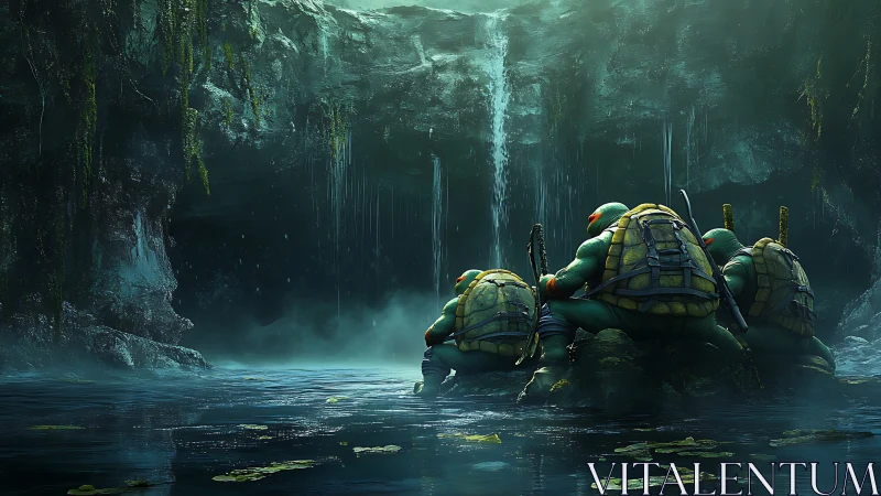 Mutant turtle squad positioned in a misted cavern pool.